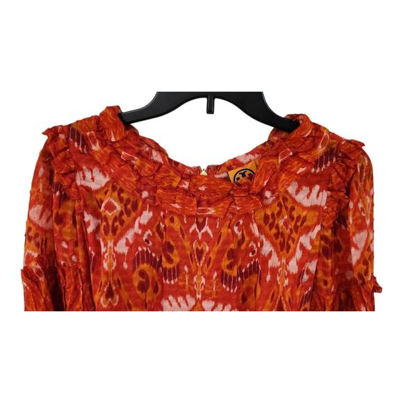 Tory Burch Blouse Silk Blend Size 10 Ruffle Neck Long Flared Sleeves Orange Red - Picture 4 of 13